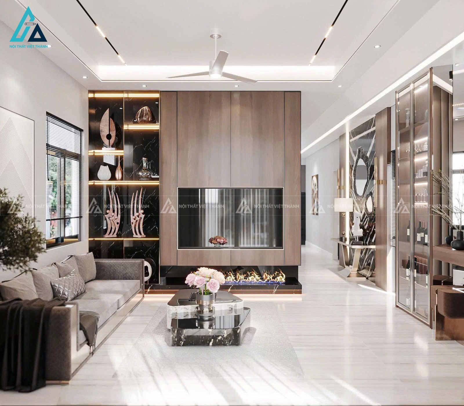Mẫu thiết kế nội thất nhà phố phòng khách hiện đại, ấm cúng