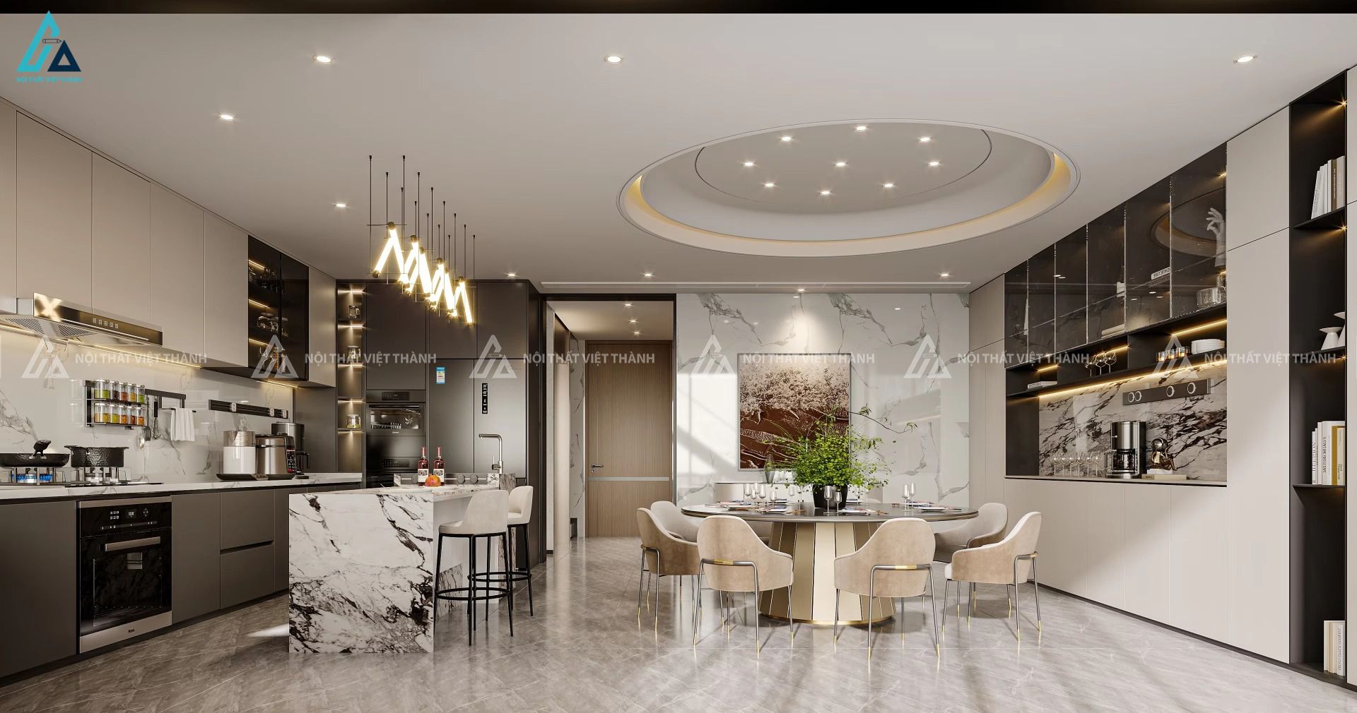 Mẫu thiết kế nội thất phòng bếp với đảo bếp và bàn ăn tròn lớn