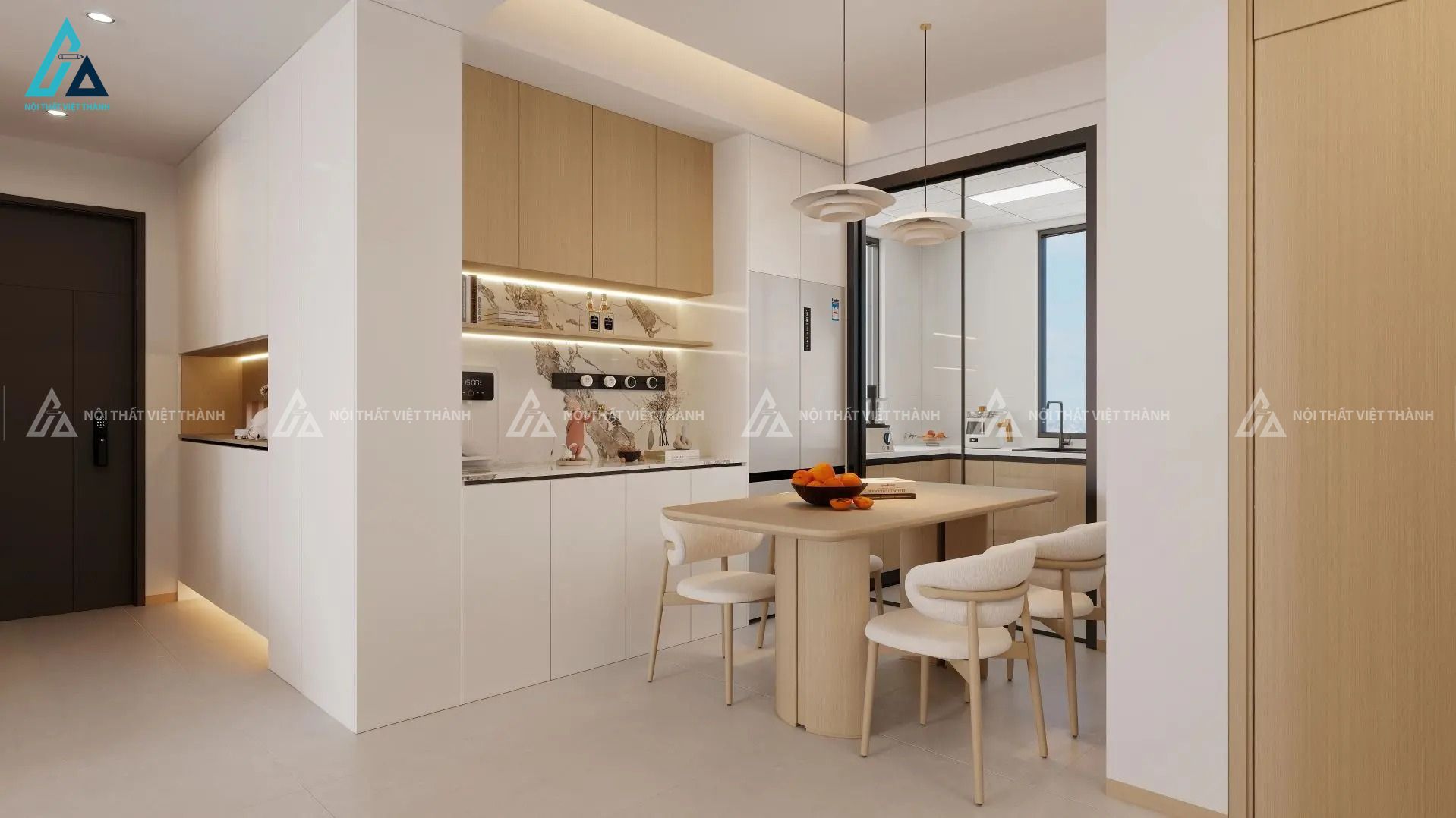 Mẫu thiết kế nội thất phòng bếp màu trắng vàng nhẹ nhàng