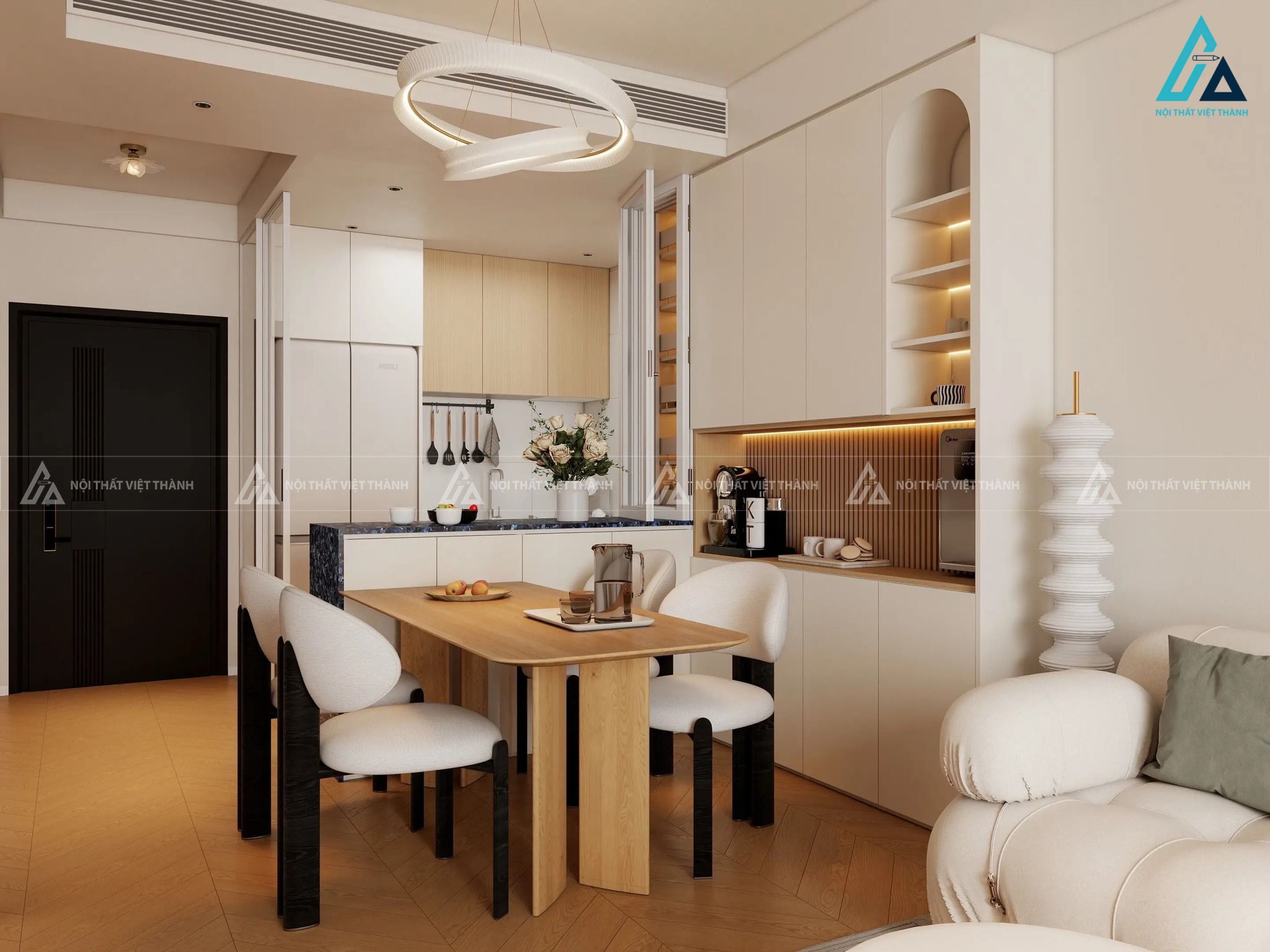 Mẫu thiết kế nội thất phòng bếp hiện đại với hệ tủ kịch trần và kệ trang trí