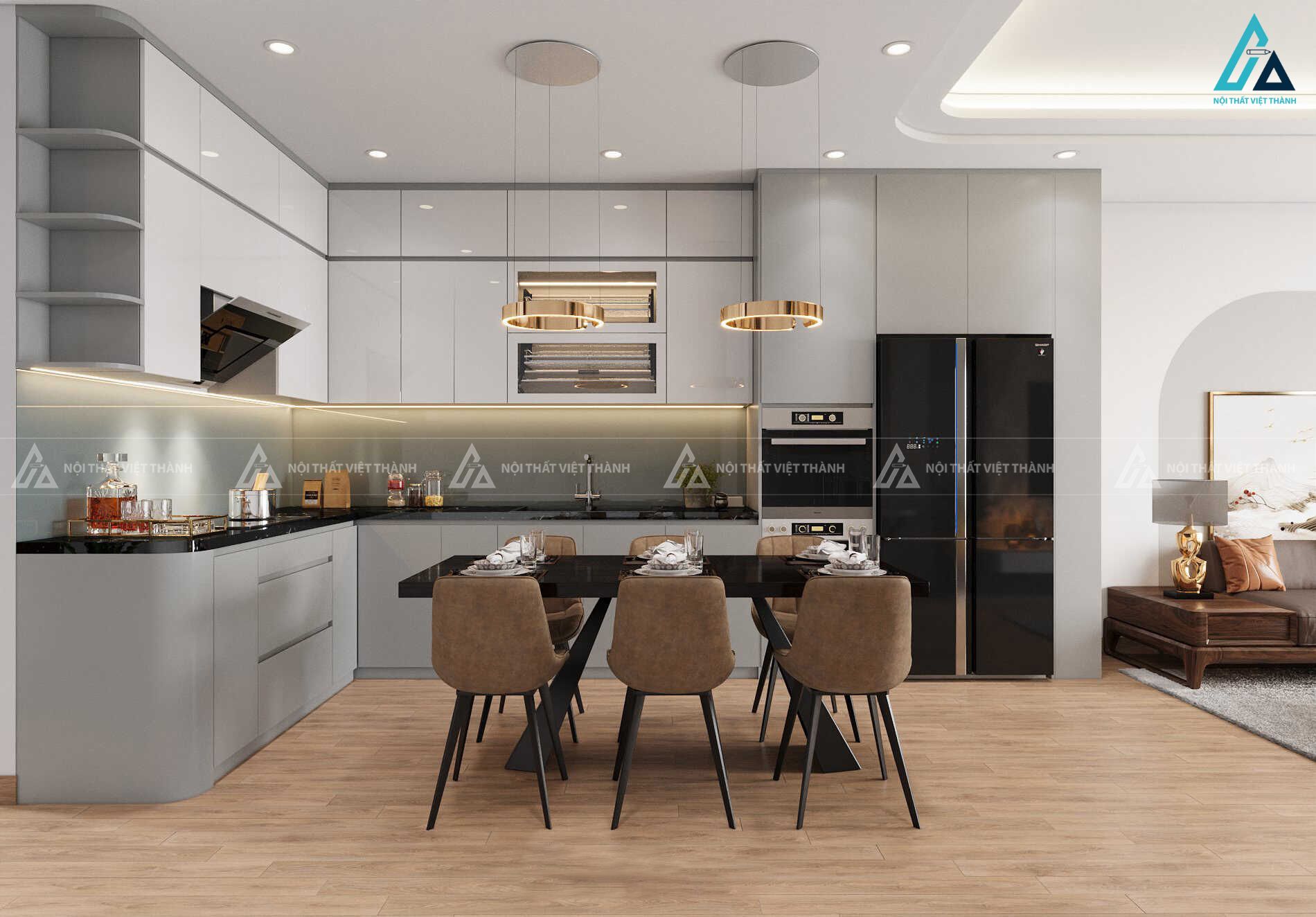 Mẫu thiết kế nội thất phòng bếp màu xám trắng tiện nghi