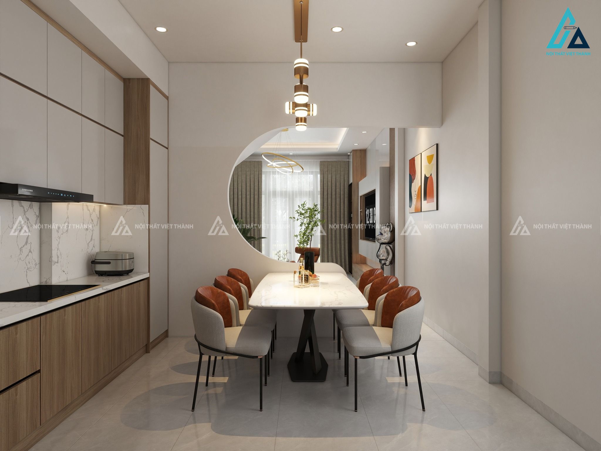 Mẫu thiết kế nội thất phòng bếp trắng với hệ tủ kịch trần