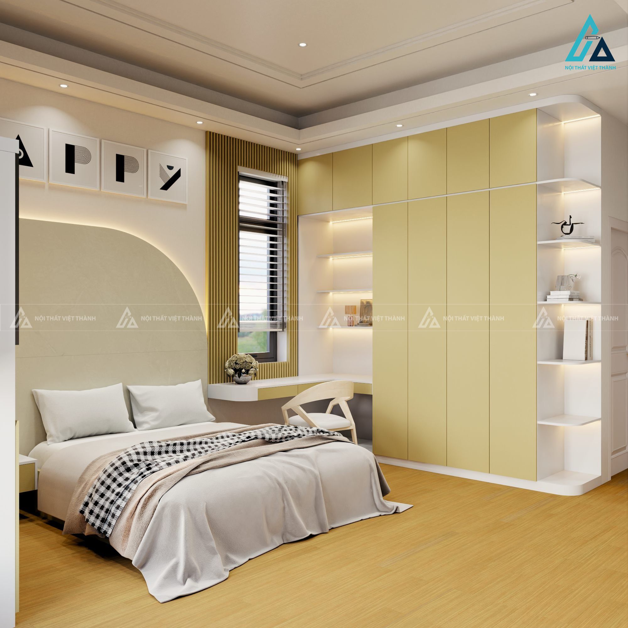 Mẫu thiết kế nội thất phòng ngủ với  tone vàng trắng hiện đại, trẻ trung