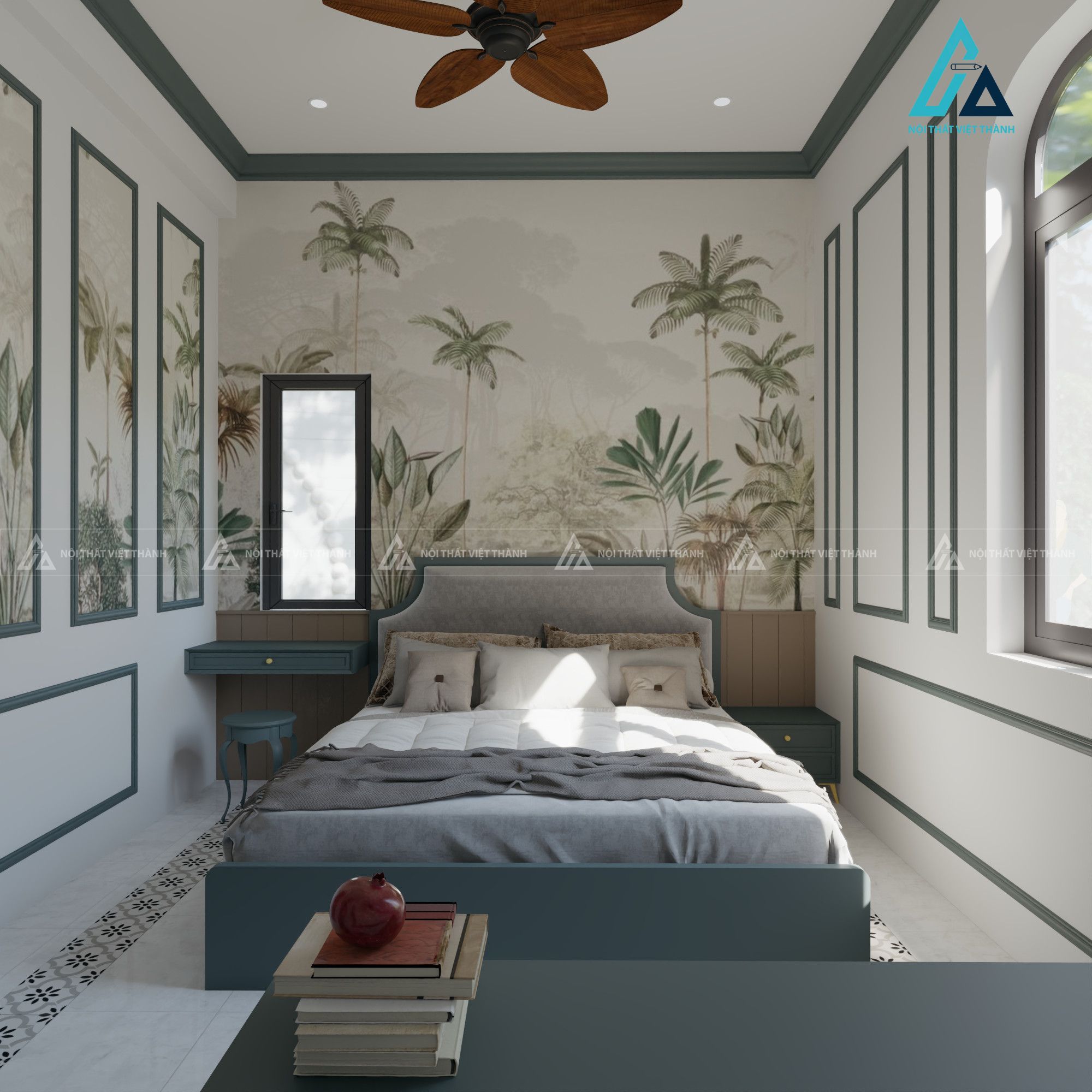 Mẫu thiết kế nội thất phòng ngủ với giấy dán tường cho phong cách địa trung hải