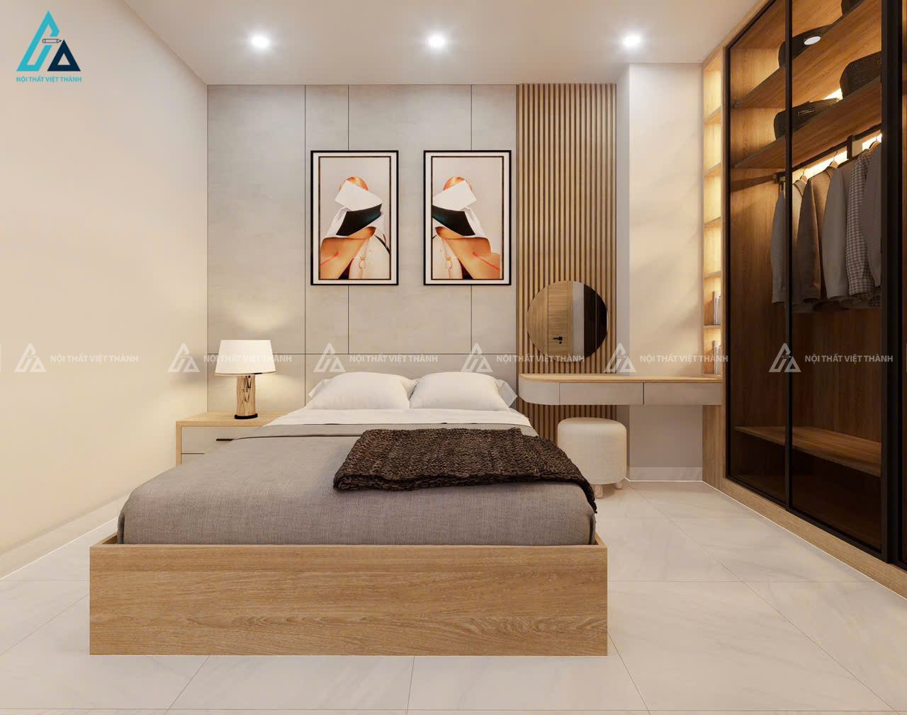 Mẫu thiết kế nội thất phòng ngủ kết hợp hài hoà giữa be và trắng