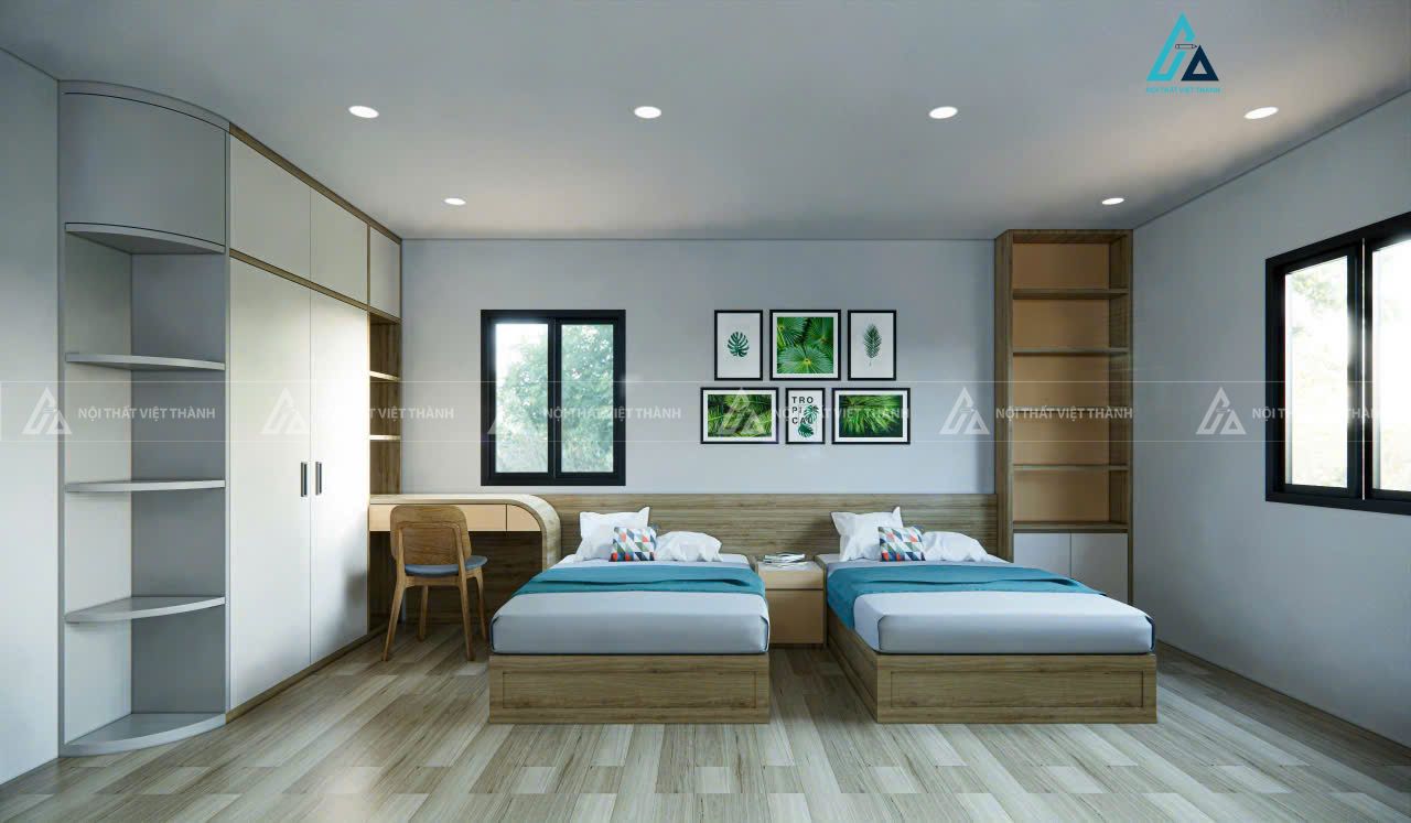Mẫu thiết kế nội thất phòng ngủ cho 2 bé với 2 giường đơn