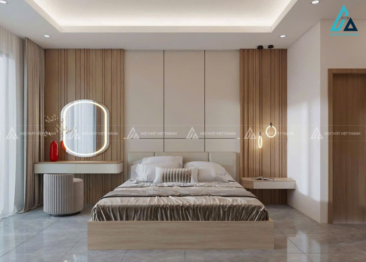 Mẫu thiết kế nội thất phòng ngủ với nội thất gỗ công nghiệp chống ẩm 