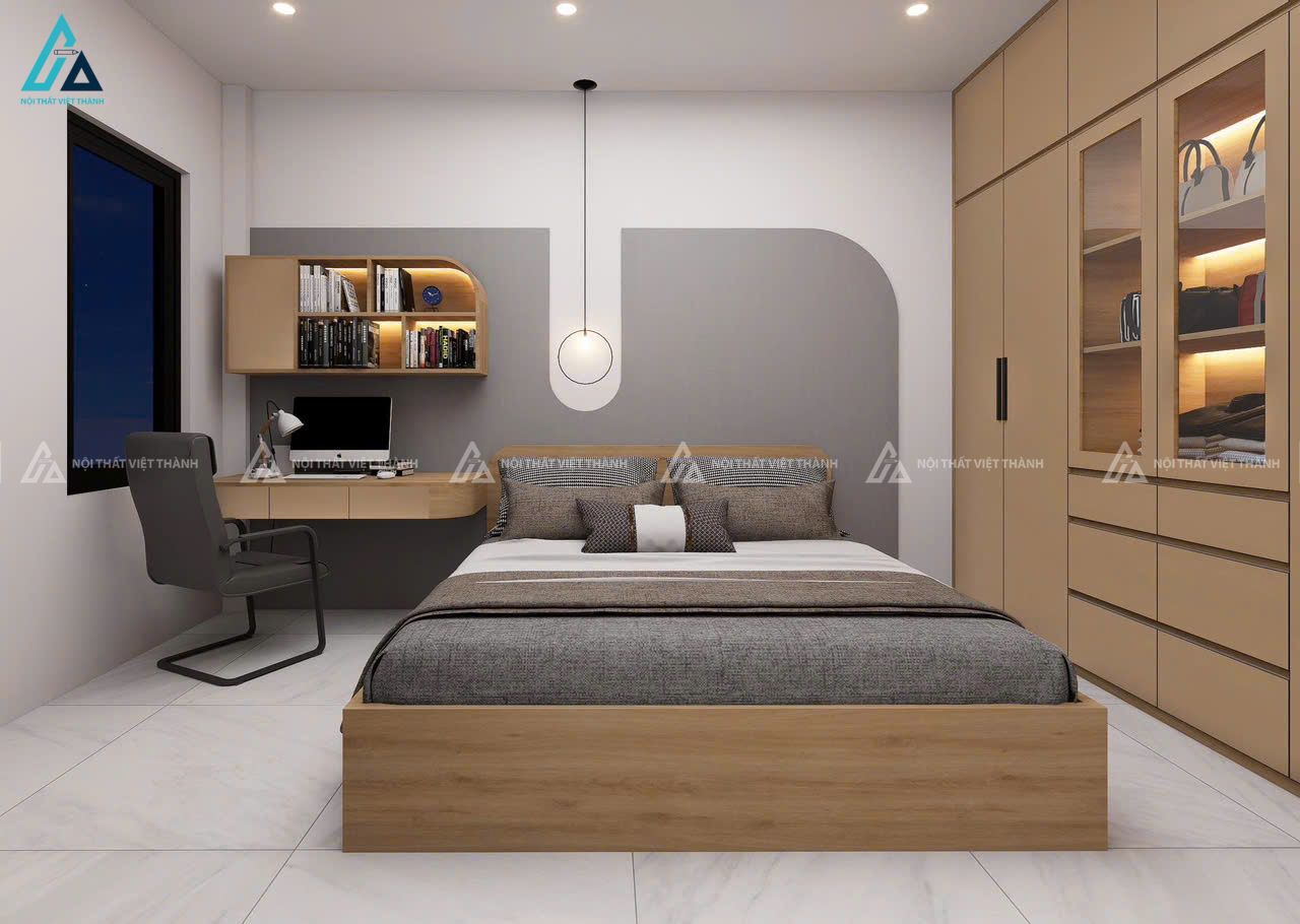 Mẫu thiết kế nội thất phòng ngủ có tab đầu giường kết hợp bàn làm việc