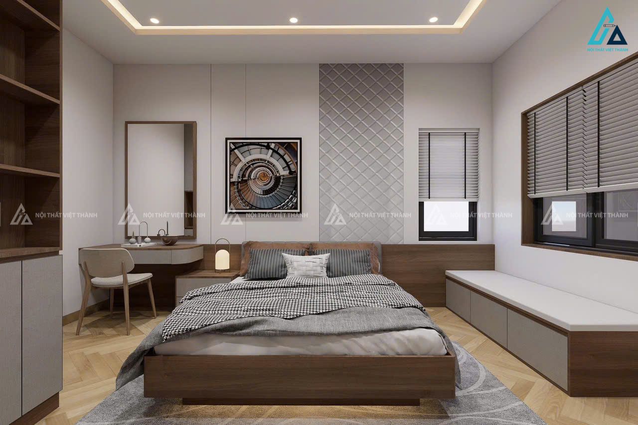 Mẫu thiết kế nội thất phòng ngủ với tab đầu giường đồng bộ nội thất phòng