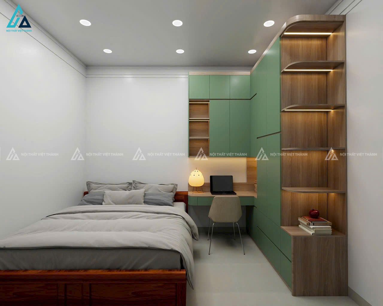 Mẫu thiết kế nội thất phòng ngủ kết hợp màu trắng xanh trẻ trung