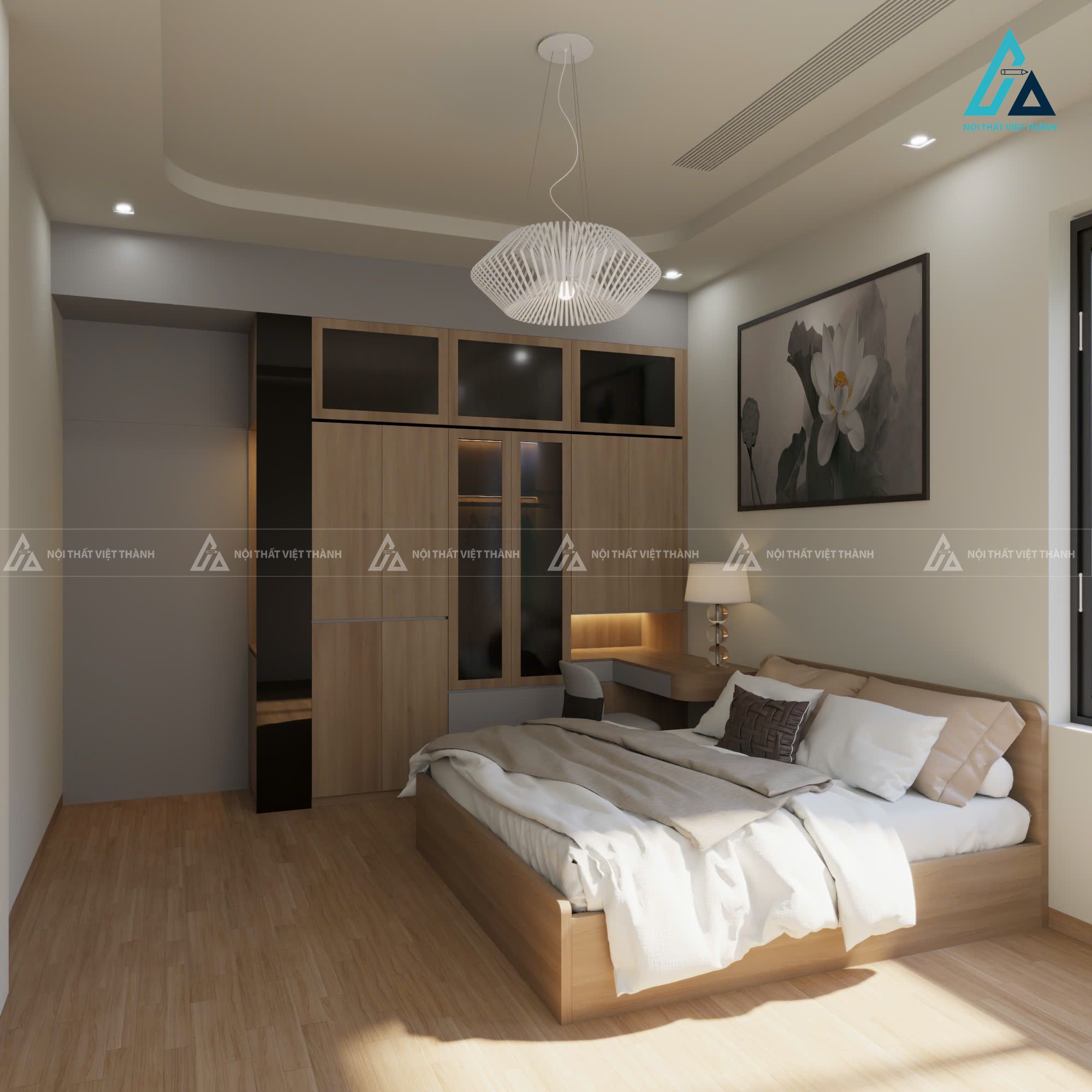 Mẫu thiết kế nội thất phòng ngủ với nội thất gỗ công nghiệp be nhẹ nhàng
