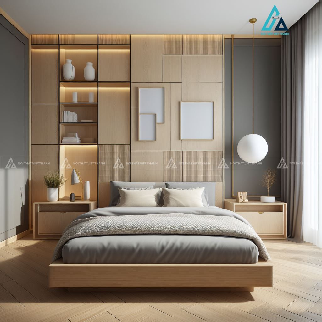 Mẫu thiết kế nội thất phòng ngủ phối hợp hài hoà giữa be và xám