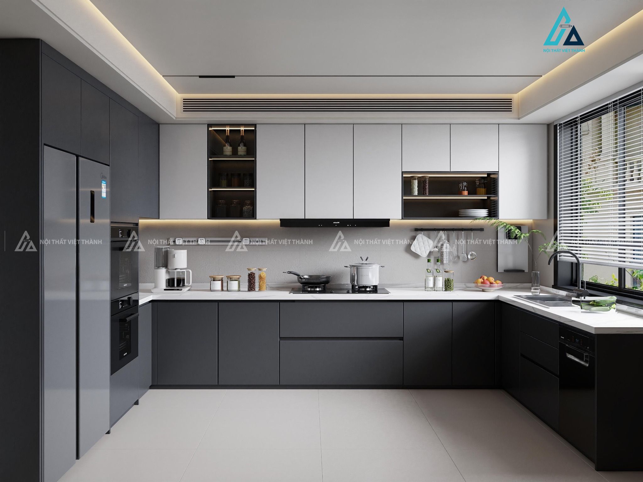 Mẫu tủ bếp cánh kính chữ U màu xám hiện đại