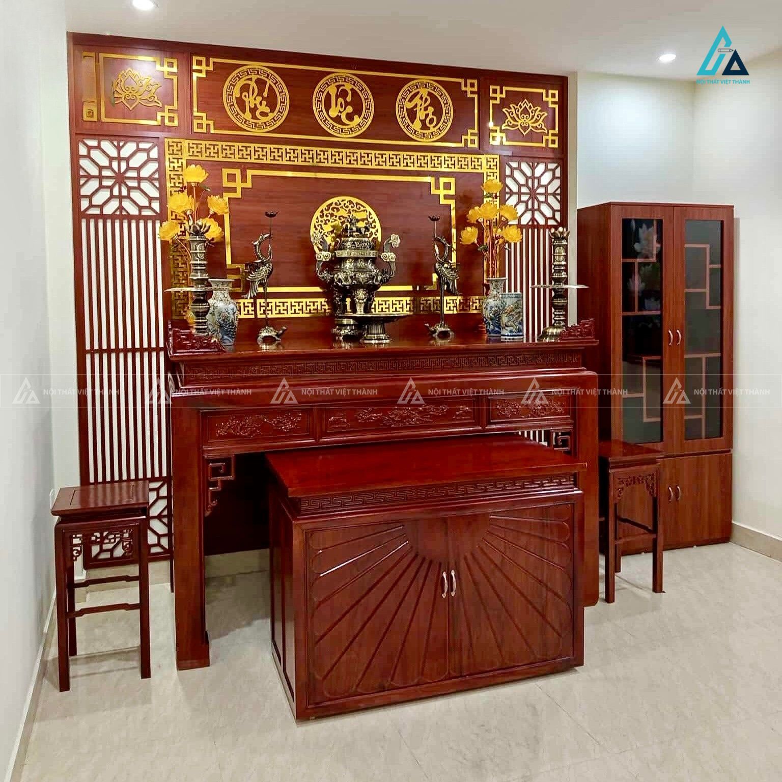 Bộ Bàn Thờ Gia Tiên Gỗ Tự Nhiên Thiết Kế Nhị Cấp Hiện Đại Tối Ưu Không Gian