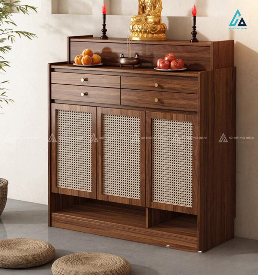 Mẫu Tủ Thờ Nhị Cấp Gỗ Hiện Đại Kết Hợp Cánh Mây Đan 1