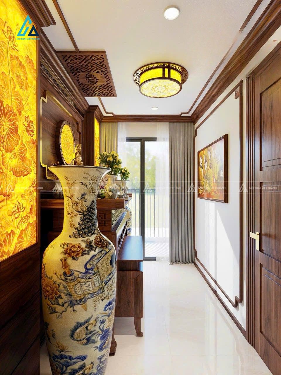 Bàn Thờ Gỗ Hiện Đại Thiết Kế Nhị Cấp Tích Hợp Tủ Thờ Chạm Sen Tinh Xảo 1