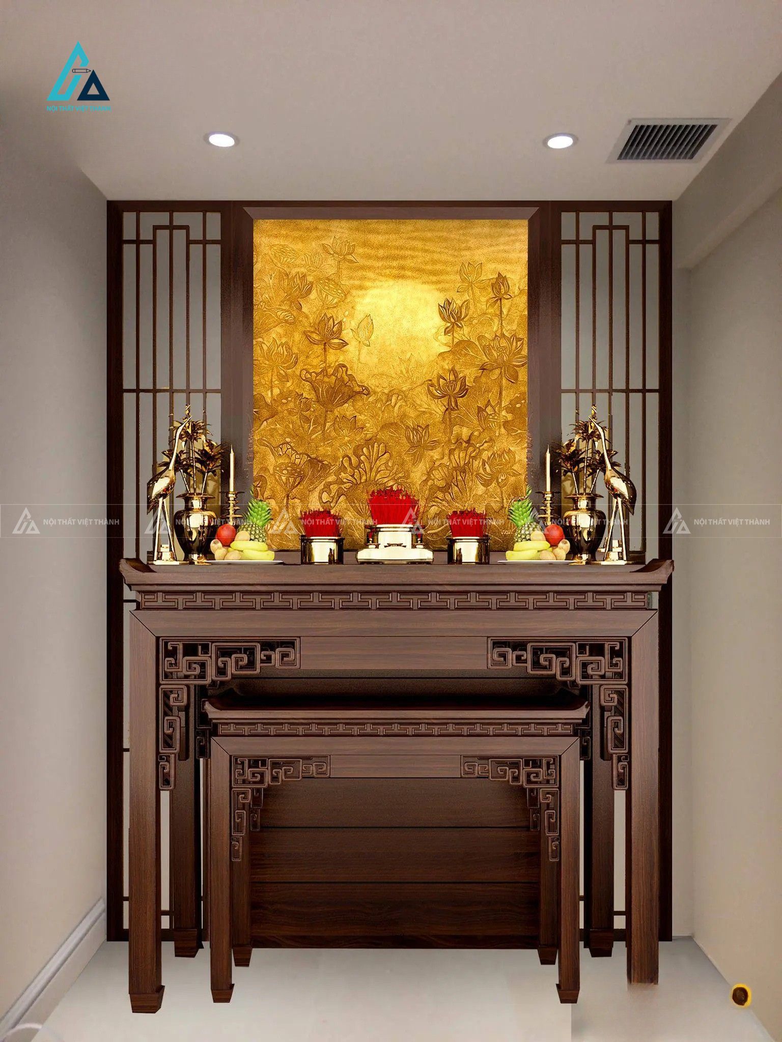 Bàn Thờ Gỗ Hiện Đại Thiết Kế Nhị Cấp Kết Hợp Bàn Cúng Cơm Tiện Lợi 1