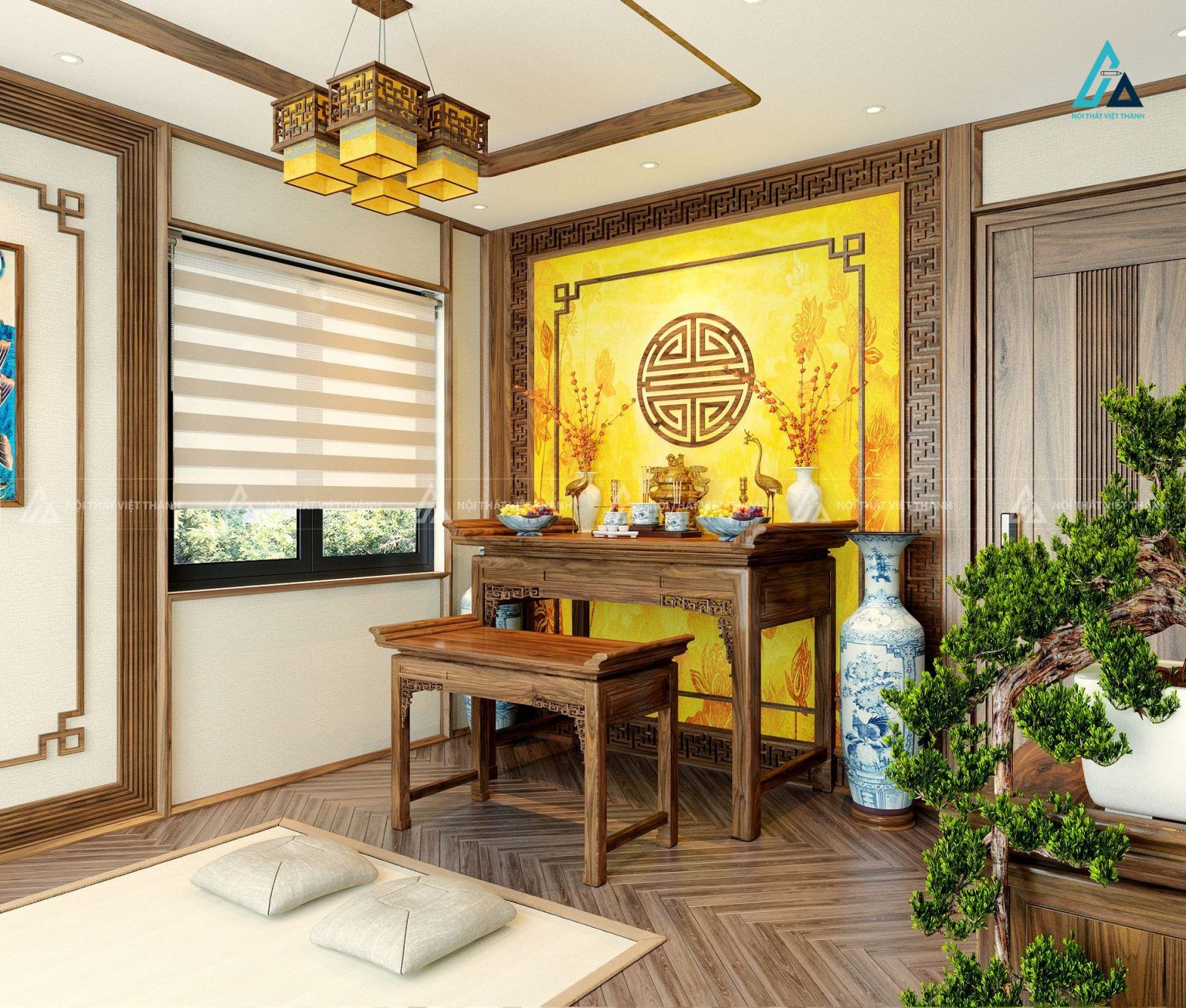 Mẫu Bàn Thờ Gỗ Óc Chó Nhị Cấp Hiện Đại Tinh Tế Cho Nhà Phố 1