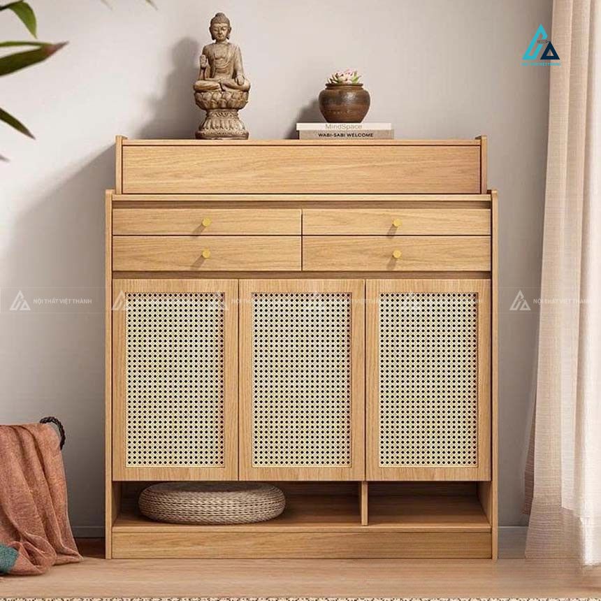 Mẫu Tủ Thờ Gỗ Công Nghiệp Kết Hợp Mây Đan Mắt Cáo Hiện Đại
