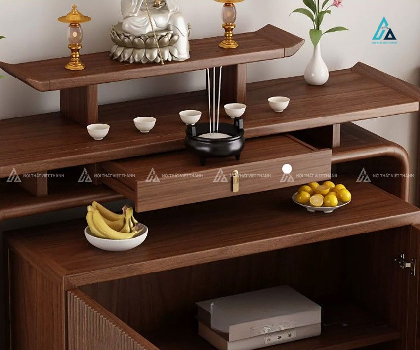 Mẫu Tủ Thờ Gỗ Tự Nhiên Thiết Kế Bo Cong Tích Hợp Tủ Cơm Nan Dọc 1