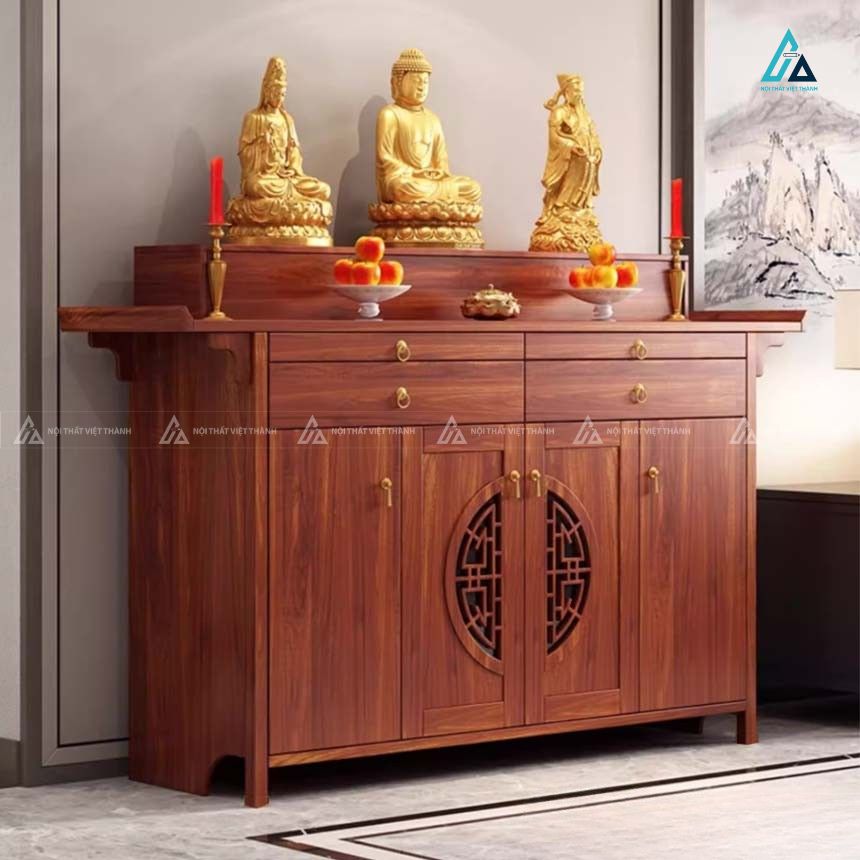 Mẫu Tủ Thờ Nhị Cấp Chạm Khắc Chữ Tinh Xảo Trang Nghiêm