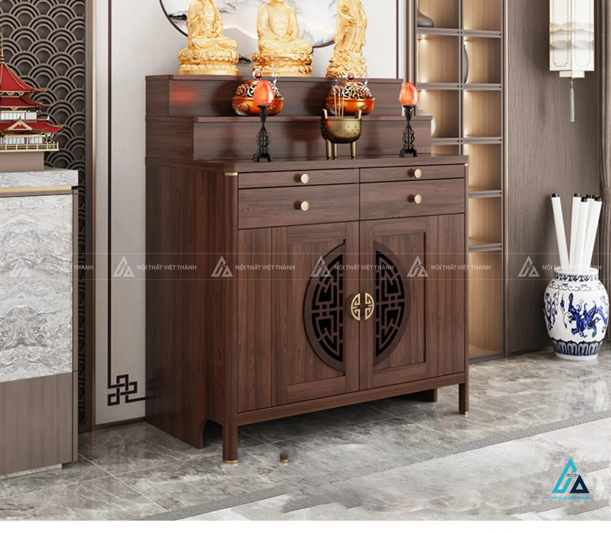 Bàn Thờ Gỗ Hiện Đại Thiết Kế Tam Cấp Tích Hợp Ngăn Kéo Tiện Dụng 1
