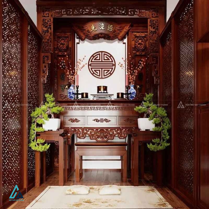 Bộ Bàn Thờ Gia Tiên Chạm Khắc Tinh Xảo Kèm Đôn Gỗ Trang Trí