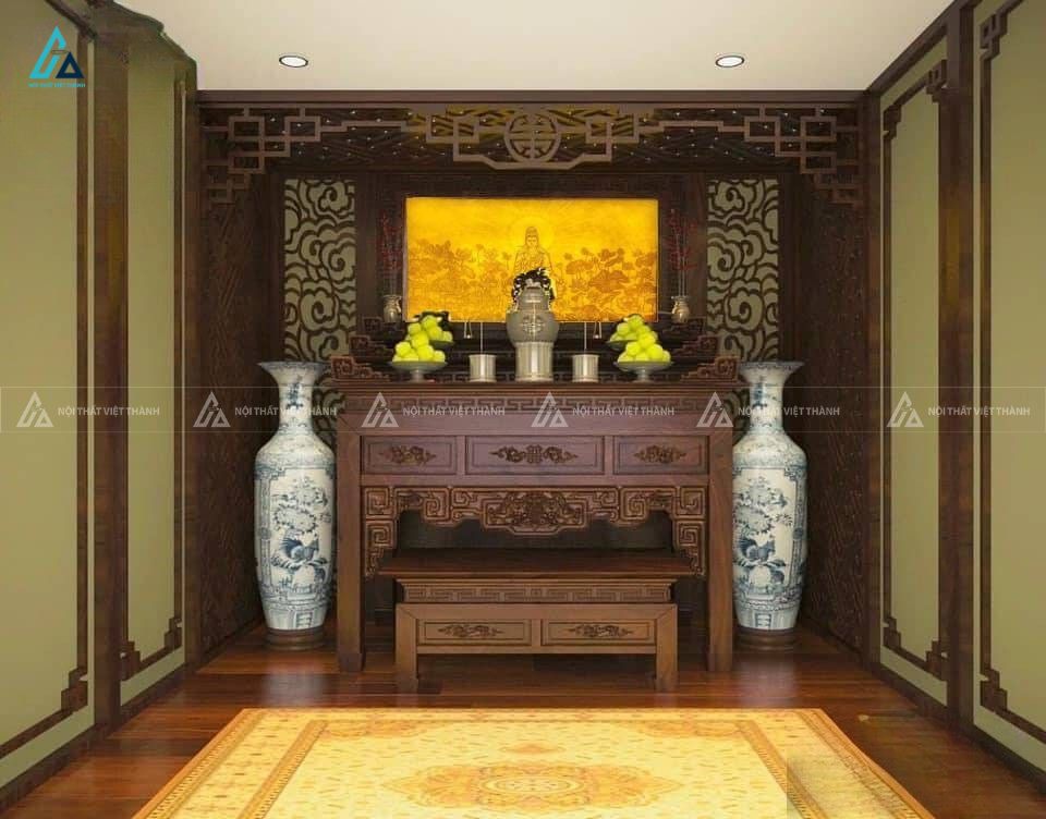Bàn Thờ Gỗ Tự Nhiên Thiết Kế Nhị Cấp Chạm Khắc Sen Triện Cổ Điển