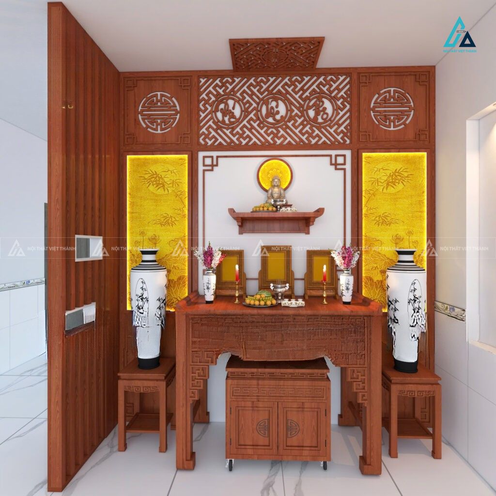 Bộ Bàn Thờ Gia Tiên Kết Hợp Bàn Thờ Phật Treo Tường Hiện Đại Tinh Tế
