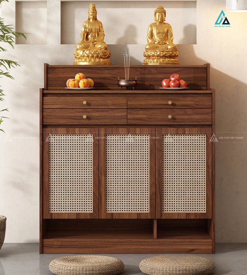 Mẫu Tủ Thờ Nhị Cấp Gỗ Hiện Đại Kết Hợp Cánh Mây Đan