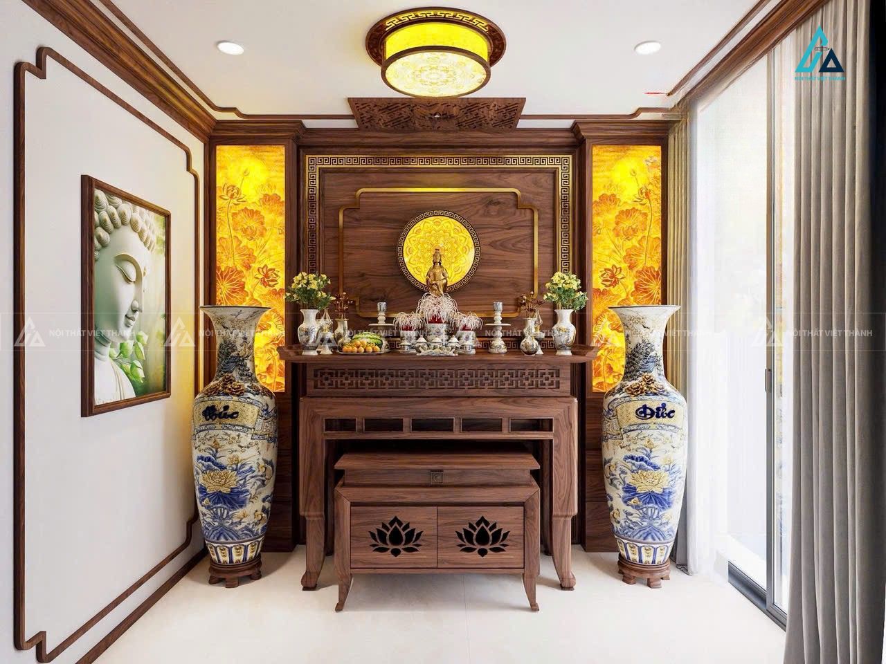 Bàn Thờ Gỗ Hiện Đại Thiết Kế Nhị Cấp Tích Hợp Tủ Thờ Chạm Sen Tinh Xảo