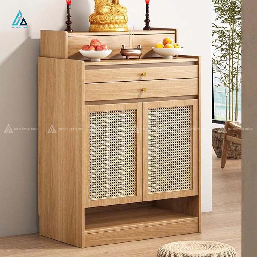 Mẫu Tủ Thờ Gỗ Công Nghiệp Kết Hợp Mây Đan Mắt Cáo Hiện Đại 1
