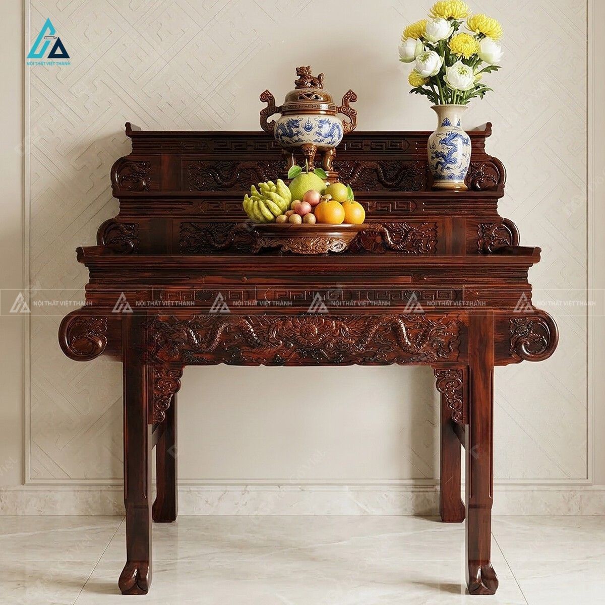 Bộ Bàn Thờ Tam Cấp Chạm Rồng Phù Điêu Tinh Xảo