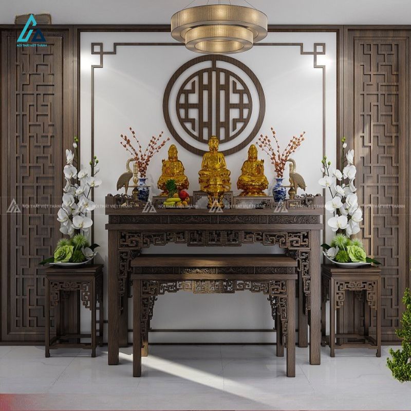 Bộ Bàn Thờ Tam Bảo Chạm Khắc Truyền Thống Kèm Đôn Gỗ Cao Cấp