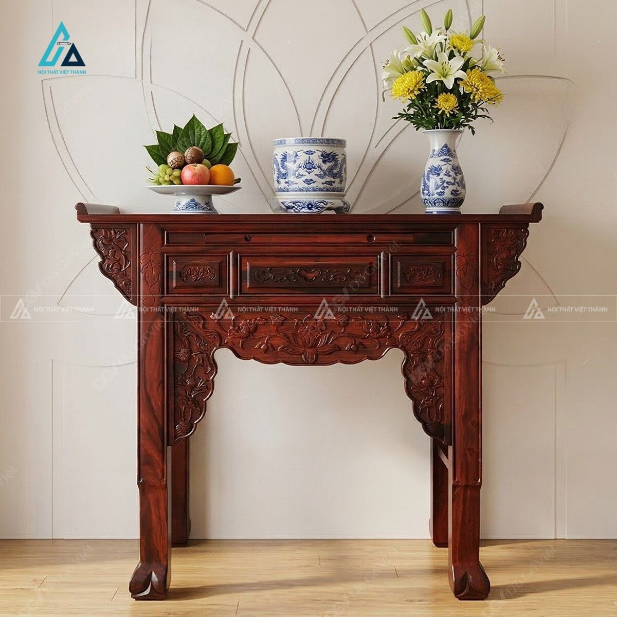 Bộ Bàn Thờ Gỗ Tự Nhiên Chạm Khắc Hoa Sen Tinh Xảo