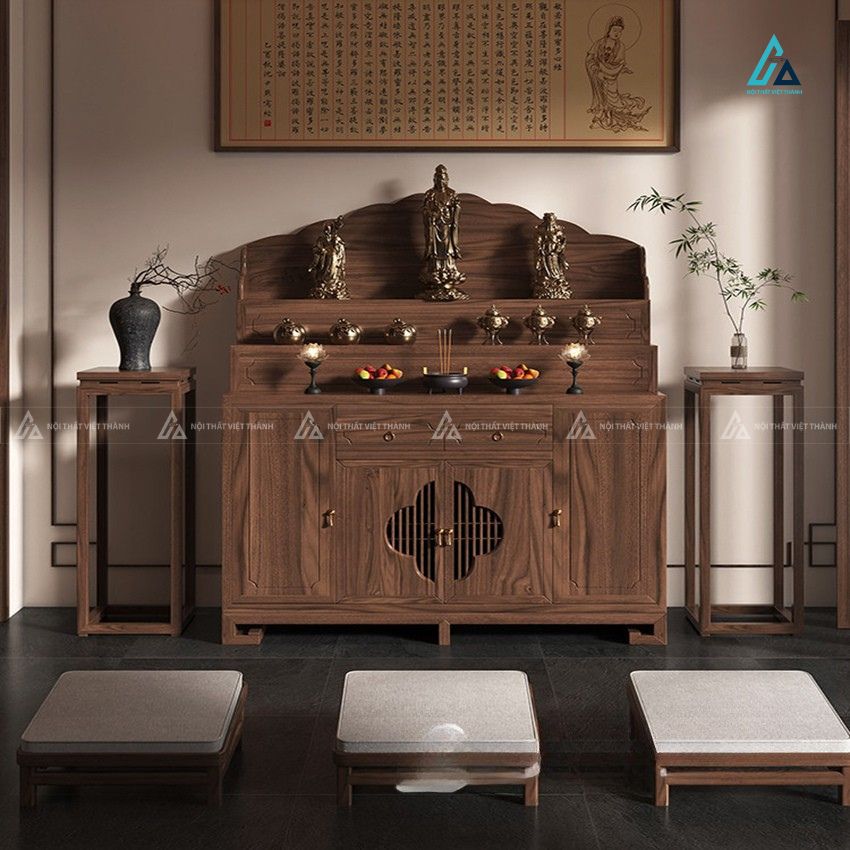 Mẫu Tủ Thờ Tam Cấp Gỗ Sồi Thiết Kế Trang Nghiêm Chạm Hoa Văn Cách Điệu