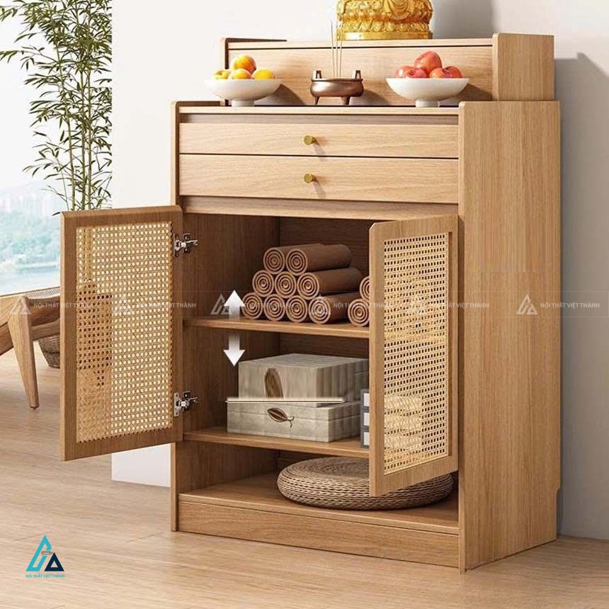 Mẫu Tủ Thờ Gỗ Công Nghiệp Kết Hợp Mây Đan Mắt Cáo Hiện Đại 2