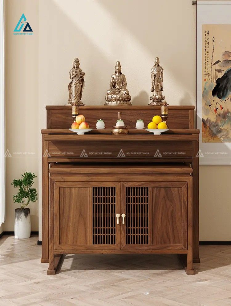 Tủ Thờ Gỗ Tự Nhiên Tích Hợp Bàn Kéo Và Tủ Đồ Nan Dọc