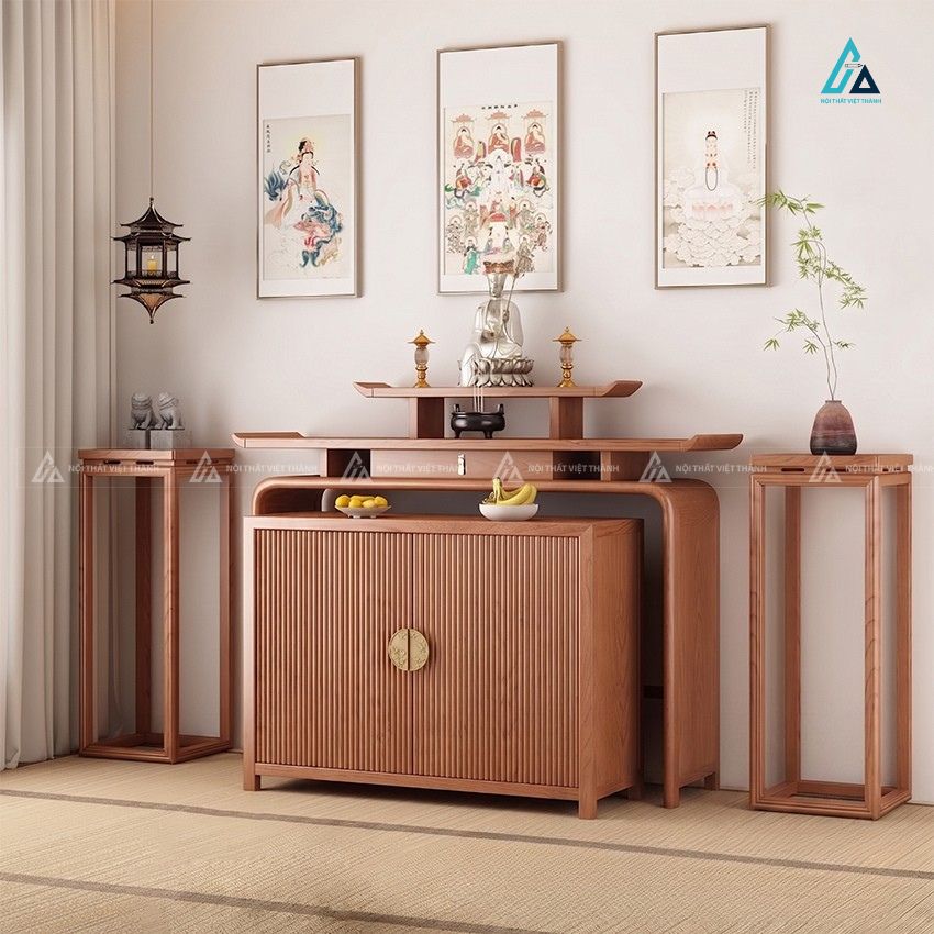 Mẫu Tủ Thờ Gỗ Tự Nhiên Thiết Kế Bo Cong Tích Hợp Tủ Cơm Nan Dọc 2