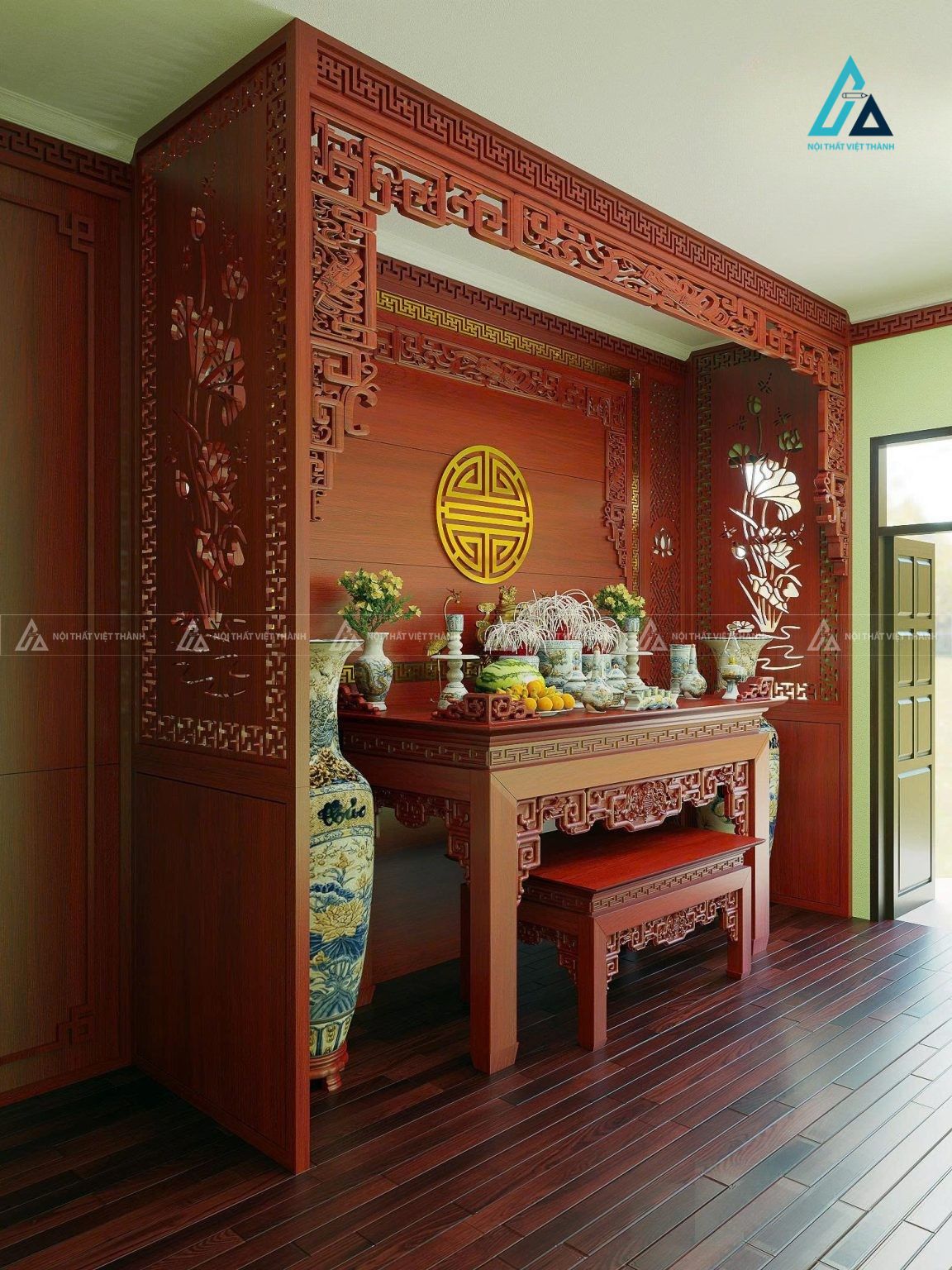 Bộ Bàn Thờ Cúng Gia Tiên Chạm Khắc Hoa Văn Cổ Điển Trang Trọng 2