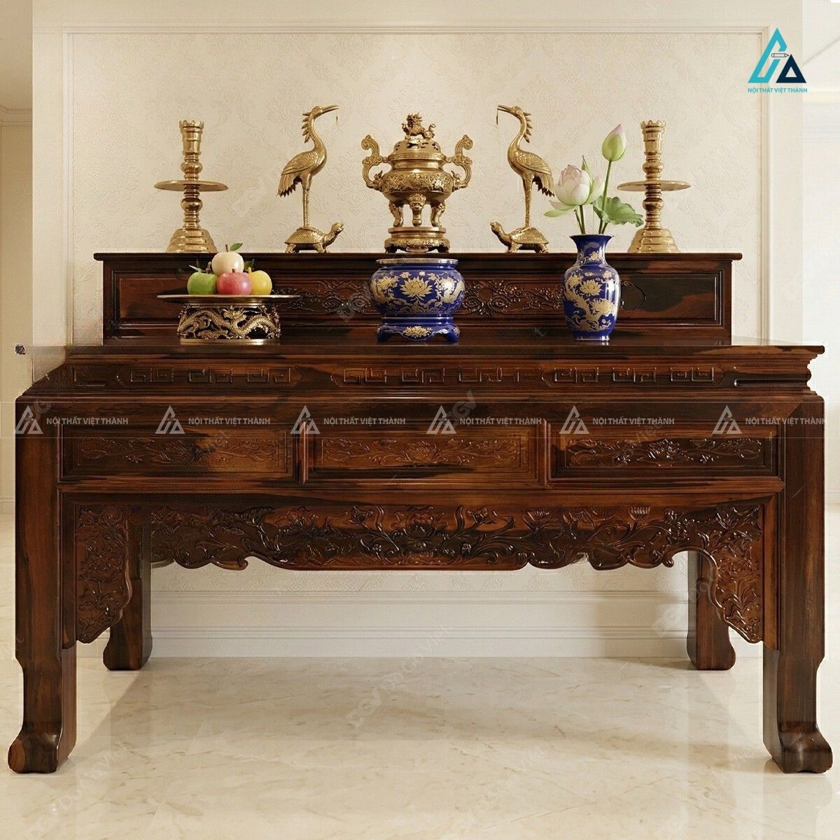 Bộ Bàn Thờ Gia Tiên Nhị Cấp Thiết Kế Chạm Khắc Uy Nghi
