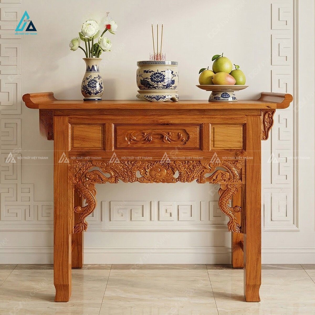 Bộ Bàn Thờ Gỗ Tự Nhiên Chạm Khắc Lưỡng Long Tranh Châu