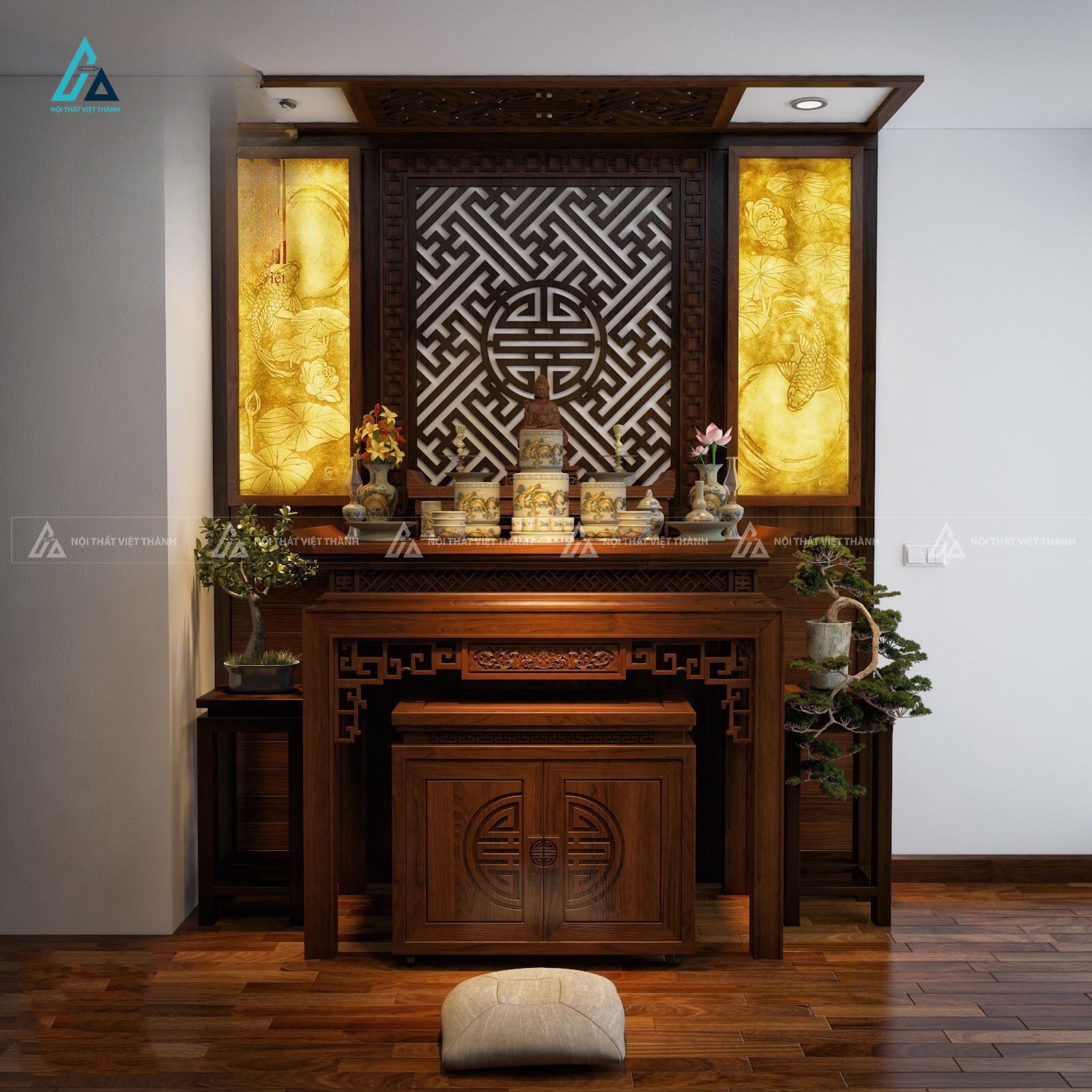Bàn Thờ Gỗ Hiện Đại Thiết Kế Nhị Cấp Tích Hợp Tủ Đồ Tiện Dụng