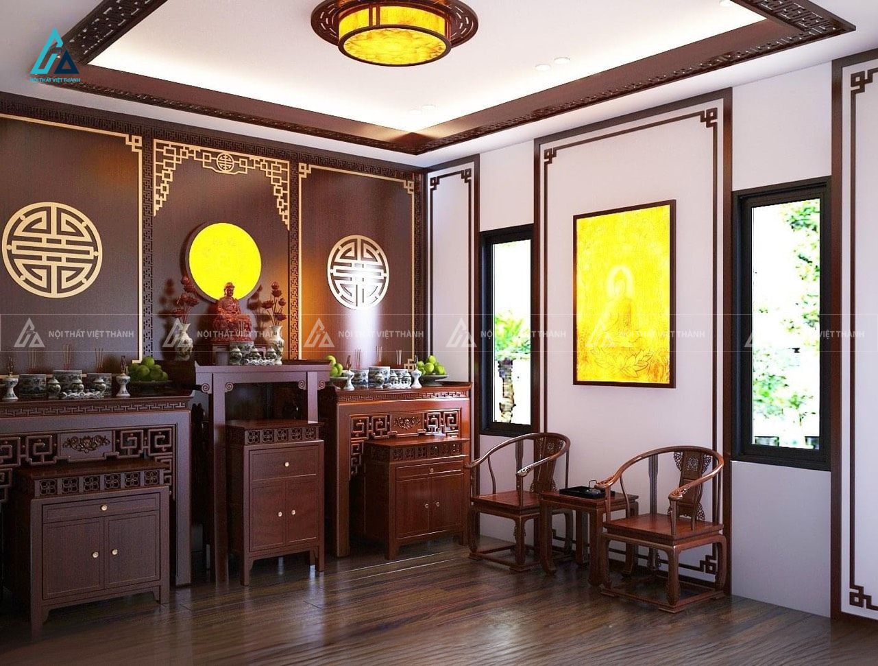 Bộ Bàn Thờ Phật Kết Hợp Gia Tiên Gỗ Tự Nhiên Tích Hợp Tủ Đồ Đa Năng