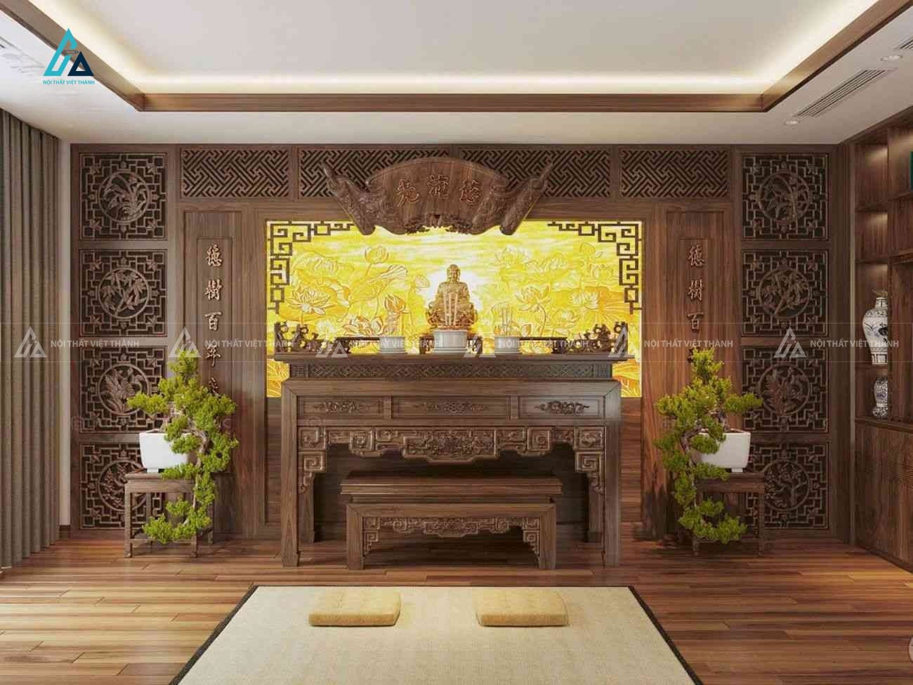 Bộ Bàn Thờ Gia Tiên Gỗ Tự Nhiên Chạm Khắc Hoa Văn Cổ Điển Kèm Bàn Cơm