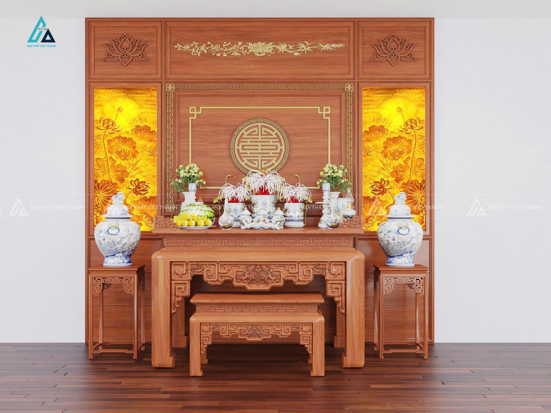 Bàn Thờ Gỗ Hiện Đại Thiết Kế Nhị Cấp Và Đôn Trang Trí