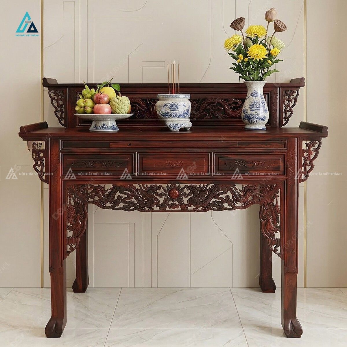 Bộ Bàn Thờ Gia Tiên Chạm Khắc Lưỡng Long Chầu Nguyệt