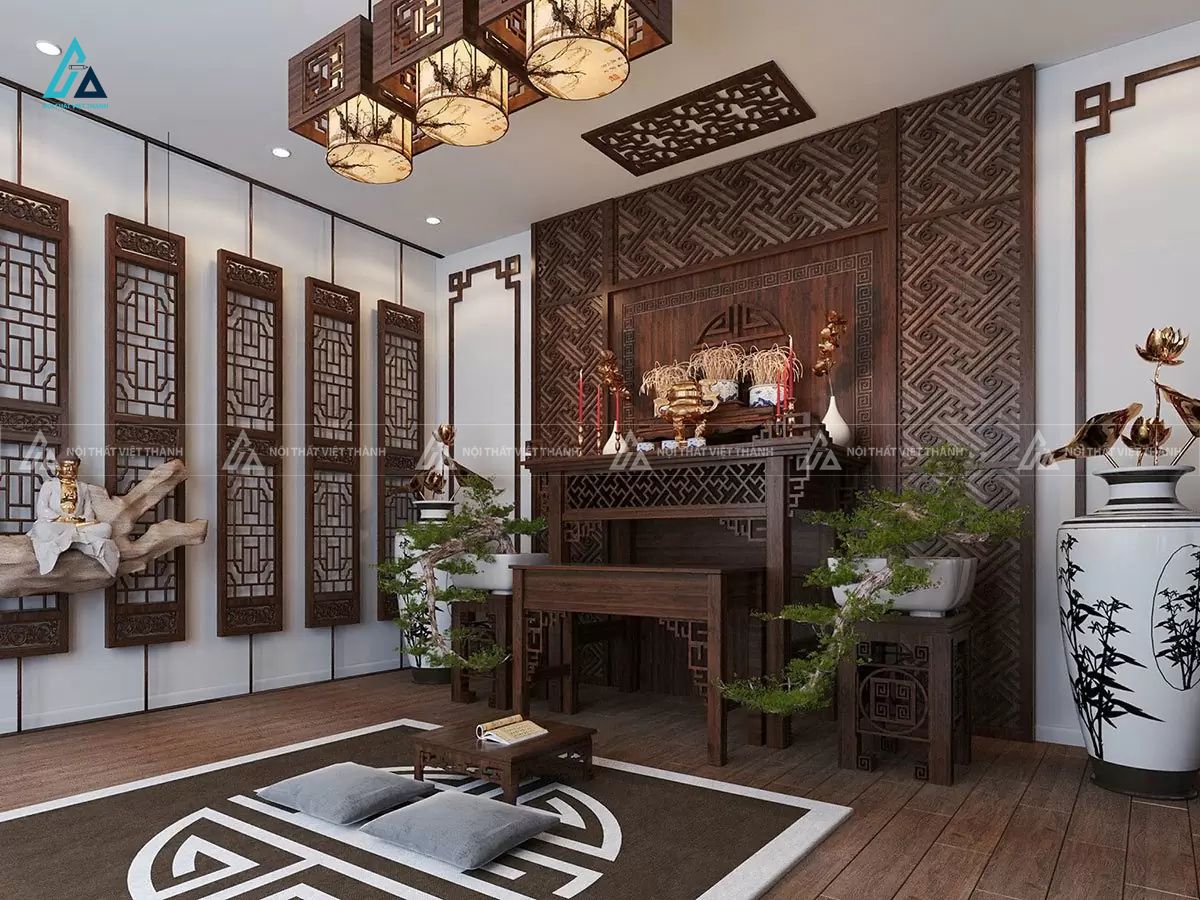 Bộ Bàn Thờ Gia Tiên Thiết Kế Vách Ngăn Triện Vuông Tinh Xảo