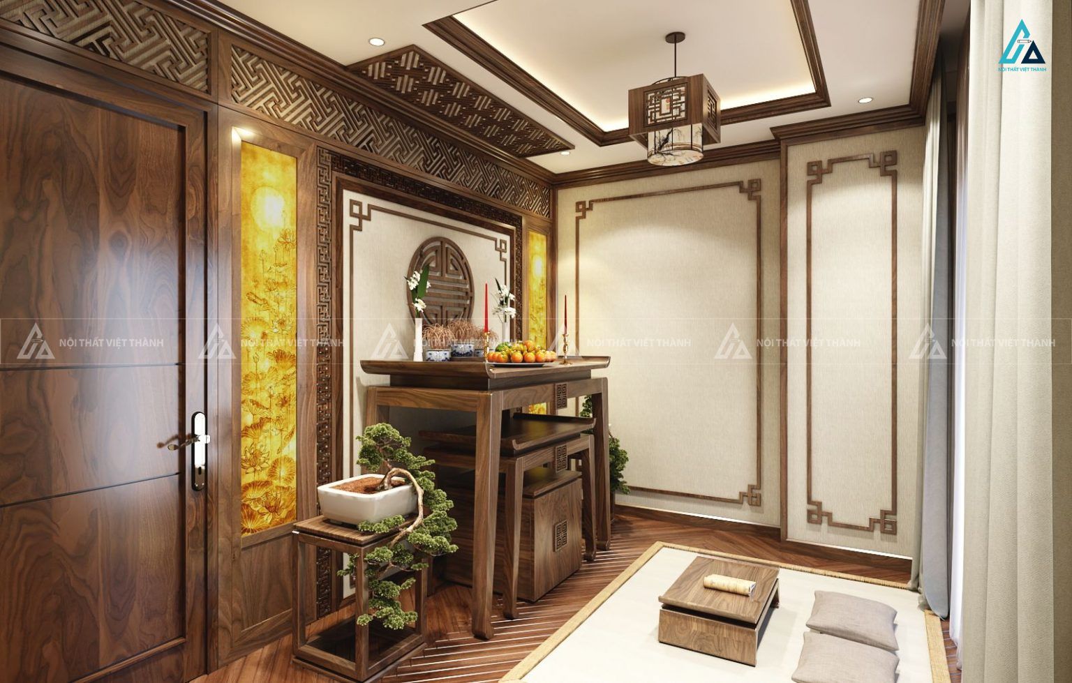 Mẫu Bàn Thờ Đứng Gỗ Óc Chó Chạm Chữ Thọ Thiết Kế Tam Cấp Sang Trọng 1