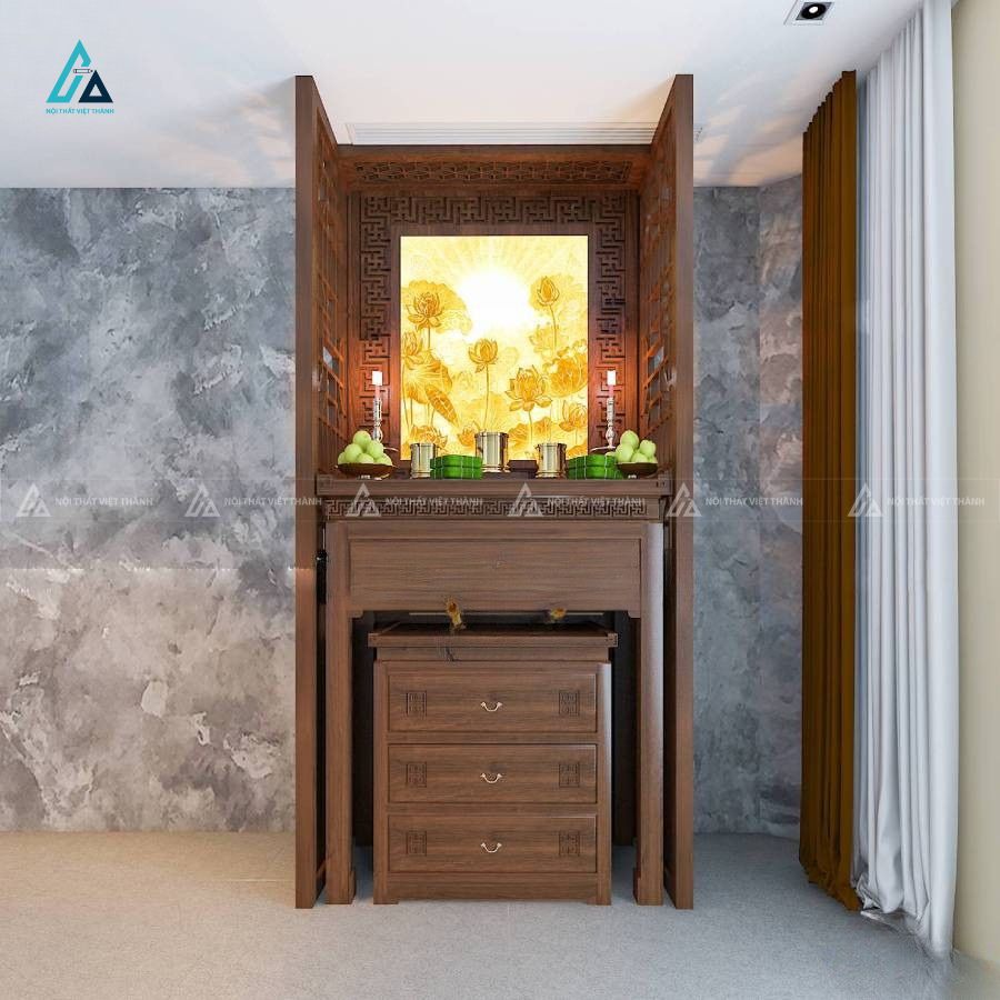 Bộ Bàn Thờ Đứng Chung Cư Hiện Đại Có Vách Ngăn Và Tủ Mâm Cúng